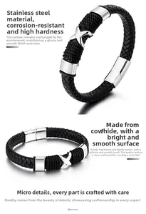 Detail view of woven black leather bracelet with polished stainless steel clasp fastener