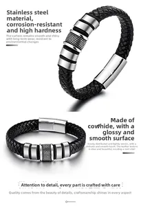 Detail of woven black genuine leather strap with stainless steel magnetic clasp for men