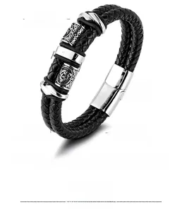 Detail view of double-layer woven leather bracelet with stainless steel magnetic clasp