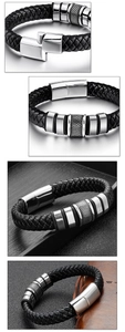 Detail of hand-woven black leather bracelet with silver stainless steel magnetic clasp