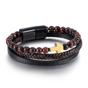 Bracciale multistrato da uomo con perle occhio di tigre, cuoio e croce dorata