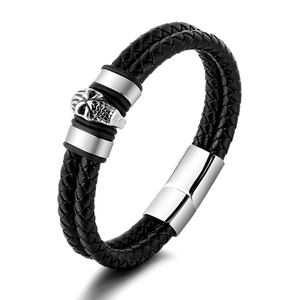 Men's Vintage Punk Skull Double Layer Braided Leather Bracelet Titanium Steel Magnetic Clasp Gothic Biker Jewelry Gift