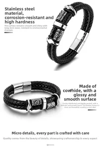 Macro view of woven black leather bracelet with stainless steel Celtic knot magnetic buckle