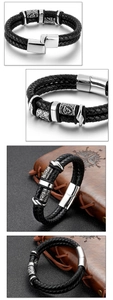 Detail of men's double-braided leather bracelet with Celtic knot charms and magnetic clasp