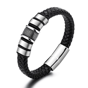 Men Handcrafted Woven Leather Bracelet Titanium Steel Geometric Ornaments Magnetic Clasp Minimalist Industrial Braid Wristband Jewelry