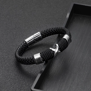Men's woven black leather punk bracelet with stainless steel magnetic clasp and X-metal element