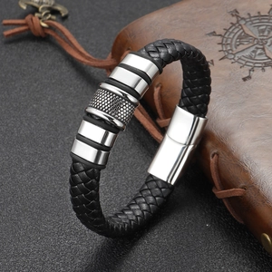 Handwoven black leather men's bracelet with textured stainless steel beads and magnetic clasp