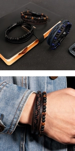 Dettaglio del bracciale multistrato in pelle da uomo con pietre occhio di tigre e chiusura magnetica