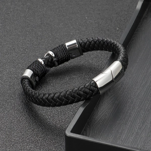 Men's hand-woven black leather bracelet with silver magnetic metal clasp in punk style