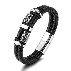 Men's Vintage Titanium Steel Celtic Knot Braided Cowhide Leather Bracelet With Magnetic Clasp Nordic Totem Double Strand