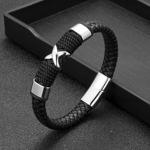 Handwoven black leather punk bracelet for men with silver X-shaped steel buckle