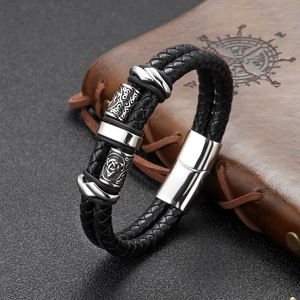 Men's double-braided black leather bracelet with Celtic knot steel charms and magnetic clasp