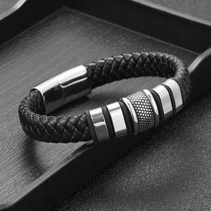 Men's multi-layer black leather woven bracelet with silver stainless steel magnetic clasp