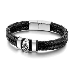 Men's punk braided black leather skull bracelet with polished silver magnetic clasp