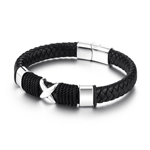 Men's woven black leather punk bracelet with polished stainless steel magnetic clasp