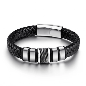 Handwoven black leather men's bracelet with polished stainless steel magnetic clasp