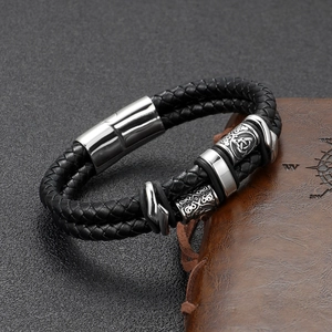 Men's vintage braided leather bracelet with Celtic knot metal beads and magnetic clasp