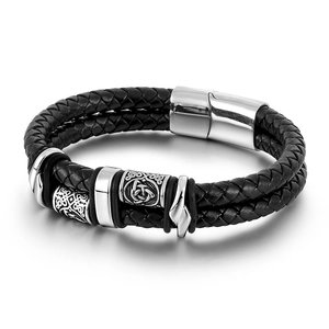 Men's double-strand black braided leather bracelet with Celtic knot stainless steel beads