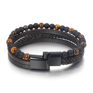 Bracciale da uomo multistrato con perle occhio di tigre e pelle intrecciata con chiusura magnetica