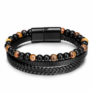 Handgemaakte meerlaagse armband met tijgeroogstenen, zwart leer en magnetische sluiting