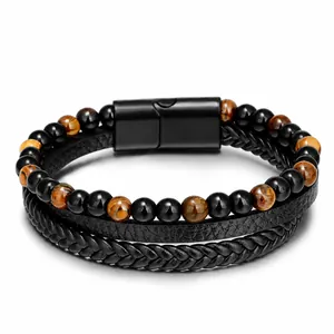 Bracelet multicouche fait main avec pierres oeil de tigre, cuir noir et fermoir magnétique