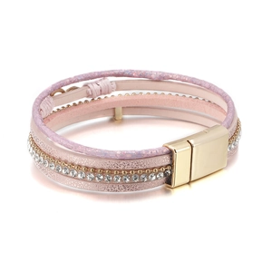 Rosa Bohemian Lederarmband mehrlagig mit Kristall-Pavé und goldenem Magnetverschluss