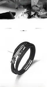 Detailed view of multilayer leather bracelet with magnetic clasp and metal bamboo links
