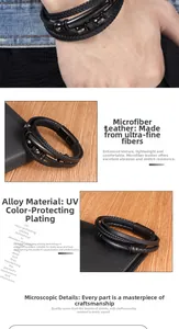 Detailed macro view of black multi-layer microfiber leather men's bracelet with magnetic alloy clasp