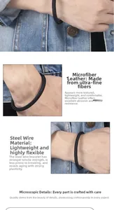 Detail of black woven microfiber leather bracelet with inner steel wire and spring clasp