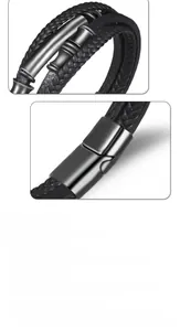 Detailed close-up of multilayer leather bracelet featuring a textured gunmetal magnetic clasp