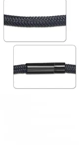 Macro shot of blue woven wire cable bracelet featuring a black magnetic steel clasp