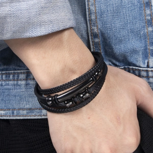 Men Multi-Layer Braided Leather Bracelet With Alloy Magnetic Clasp Black Punk Style Wristband Daily Commuting Jewelry