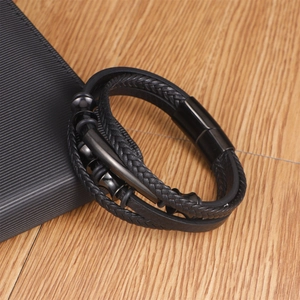 Multilayer men's braided leather bracelet with black metal beads and magnetic clasp