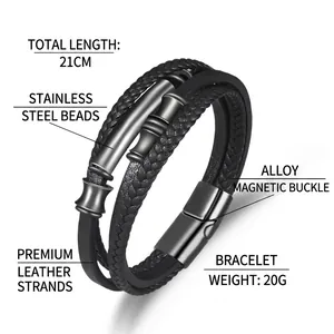 Multilayer black microfiber leather men's bracelet with bamboo style stainless steel links