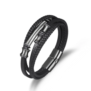 Multilayer men's braided leather bracelet with black magnetic buckle and metal accents