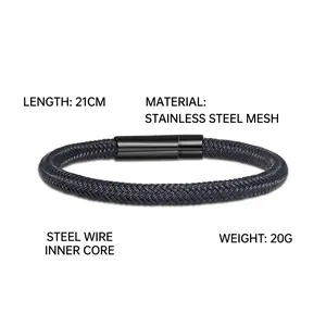 Men's steel wire woven bracelet with black stainless steel clasp, 21cm length