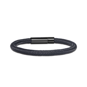 Navy blue woven wire bracelet for men with a matte black magnetic stainless steel clasp