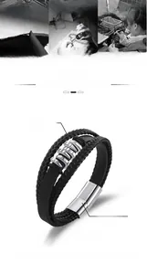 Detail showing multilayer braided leather bracelet with silver alloy magnetic clasp