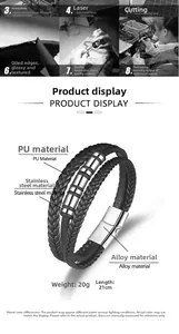 Dettaglio di un bracciale multistrato in pelle PU intrecciata nera con chiusura in acciaio
