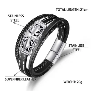 Mehrlagiges Herrenarmband aus Leder mit Edelstahlschild und praktischem Magnetverschluss