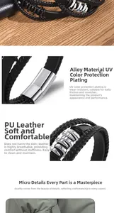 Close-up of multi-layer braided PU leather bracelet with silver-tone alloy magnetic clasp