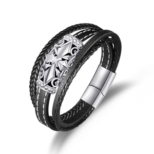 Mehrlagiges Herren-Lederarmband in Schwarz mit Silberkreuz und Magnetverschluss aus Stahl