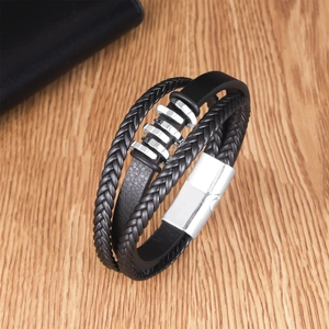 Men Bracelet PU Leather Alloy Multi Layer Braided Design Magnetic Buckle Metal Ring Wristband Retro Casual Jewelry For Men