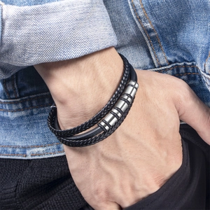 Bracciale da Uomo Multistrato Intrecciato in Pelle PU Con Perline in Lega di Acciaio Inossidabile Fibbia Magnetica Gioielli