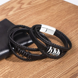 Men's minimalist multi-layer braided leather bracelets with alloy magnetic clasp