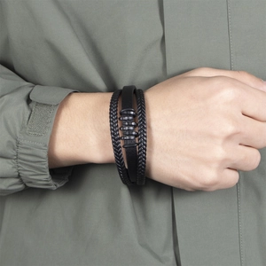 Men's multi-layer black leather bracelet with stylish woven ropes and magnetic clasp