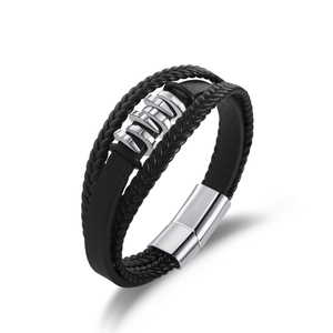 Men's multi-layer leather bracelet with silver alloy rings and magnetic clasp on white backdrop