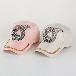 Stylish baseball caps for women with crystal fox design in pink and white colors