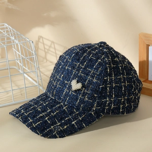 Women Tweed Baseball Cap Heart Rhinestone Artificial Pearl Decoration Elegant Plaid Adjustable Sun Hat Street Fashion Accessory