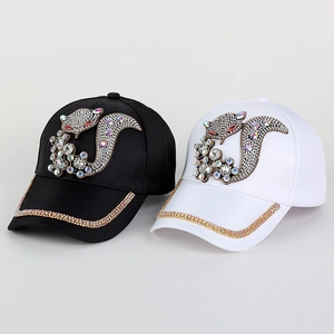 Fashionable baseball caps with sparkling fox rhinestone design in black and white colors